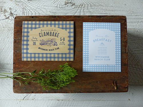 Preppy-rustic Cape Cod wedding invitation inserts for Welcome Clam Bake and Breakfast by Shindig Bespoke