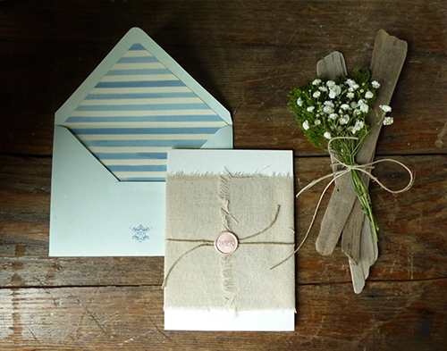 Preppy-rustic Cape Cod Wedding invitation with wax seal and linen wrap by Shindig Bespoke