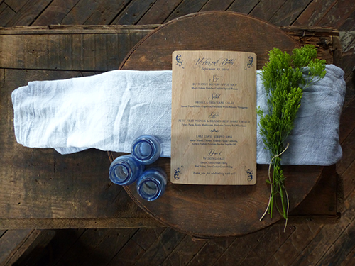 Wood menu for a preppy-rustic Cape Cod wedding by Shindig Bespoke