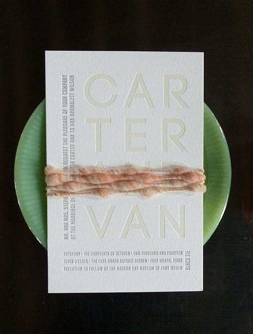 Letterpress and yarn wrap for a wedding at the Fort Worth Museum of Modern Art by Shindig Bespoke