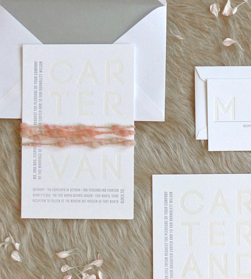 Letterpress and yarn wrap for a wedding at the Fort Worth Museum of Modern Art by Shindig Bespoke