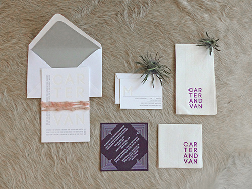 Letterpress and white foil invitation with yarn wrap and printed napkins by Shindig Bespoke