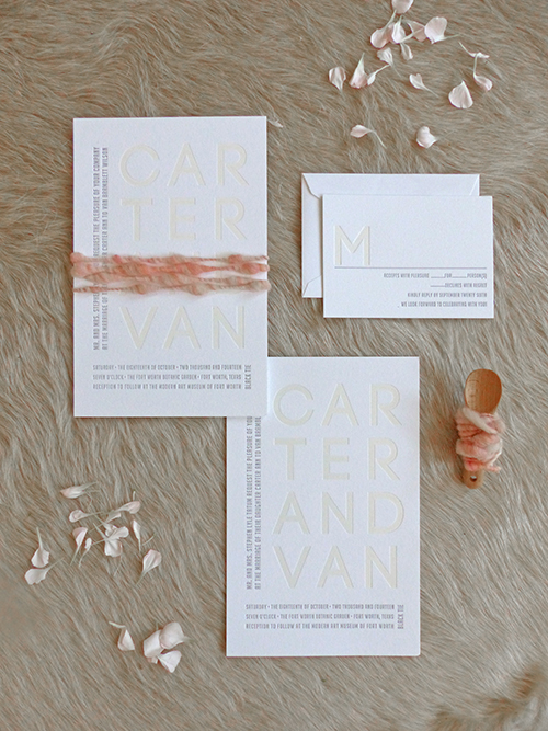 Letterpress and yarn wrap for a wedding at the Fort Worth Museum of Modern Art by Shindig Bespoke