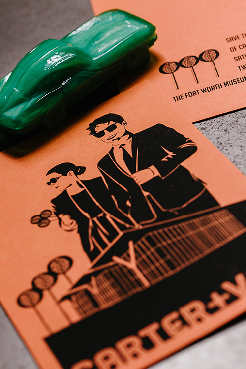 Screen printed save the dates for wedding at the Fort Worth Museum of Modern Art by Shindig Bespoke