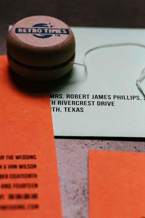 Screen printed save the dates for wedding at the Fort Worth Museum of Modern Art by Shindig Bespoke