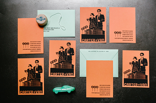 Screen printed save the dates for wedding at the Fort Worth Museum of Modern Art by Shindig Bespoke