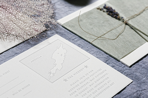 Letterpress invitation for Viceroy Anguilla wedding by Shindig Bespoke