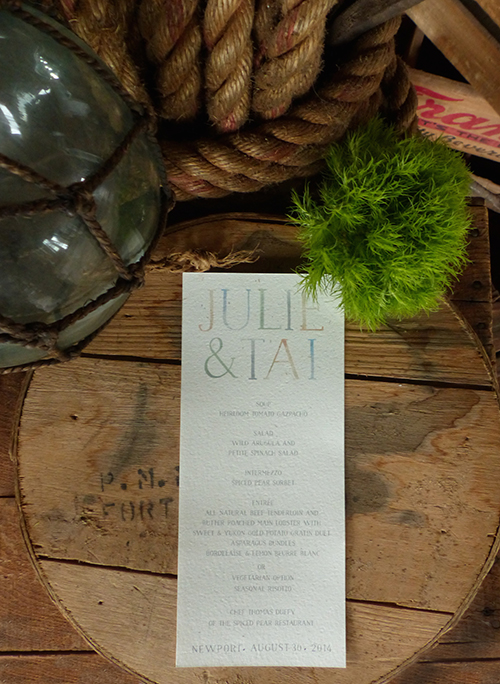 Newport Rhode Island wedding menu with watercolor logo by Shindig Bespoke