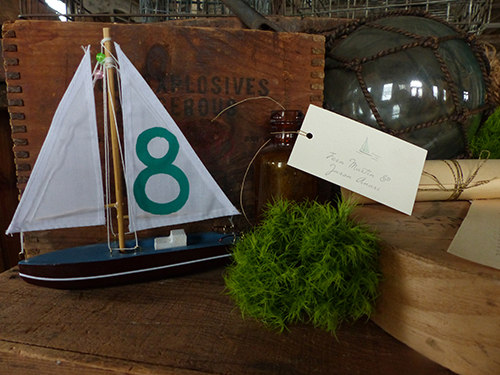 Newport Rhode Island wedding, model sailboat table number and escort tag by Shindig Bespoke