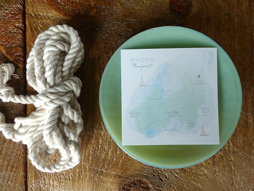 Newport Rhode Island wedding invitation with watercolor map by Shindig Bespoke