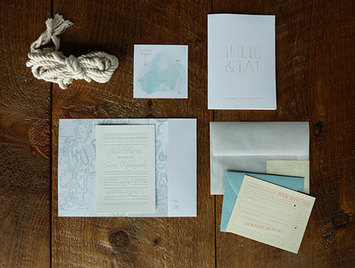 Newport Rhode Island wedding invitation with watercolor details by Shindig Bespoke