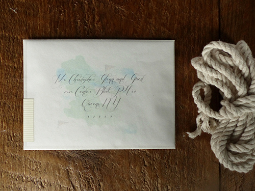 Newport Rhode Island wedding invitation with watercolor details and vellum envelope by Shindig Bespoke