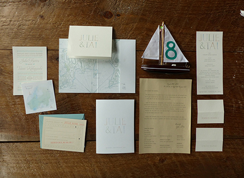 Newport Rhode Island wedding invitation with watercolor details and model sailboat table number by Shindig Bespoke