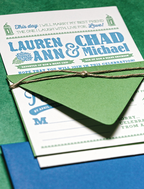 Blue and green spring wedding invitation by Shindig Bespoke