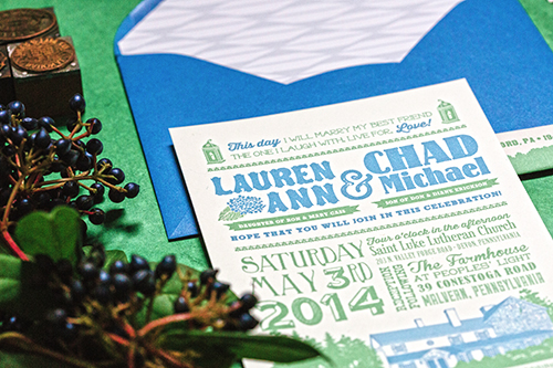 Blue and green spring wedding invitation by Shindig Bespoke