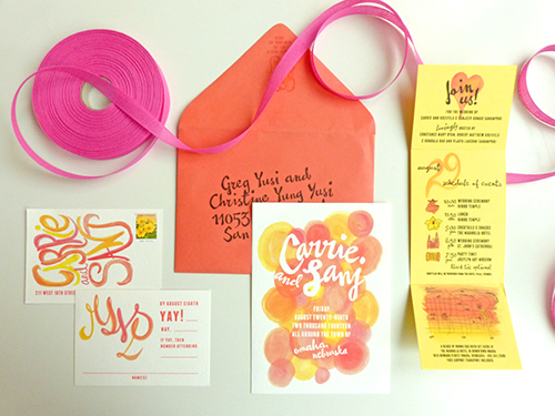 Bright and boisterous watercolor invitation for a Hindu/Catholic wedding in Omaha by Shindig Bespoke