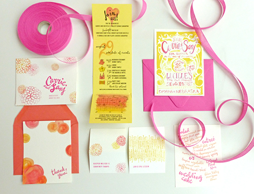 Bright and boisterous watercolor invitation for a Hindu/Catholic wedding in Omaha by Shindig Bespoke