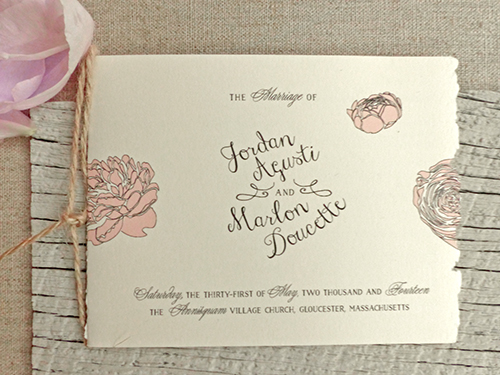 Wedding program with pink peonies and deckled edge by Shindig Bespoke