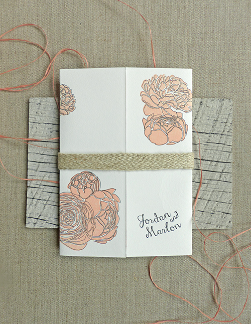 Gloucester, Massachussetts letterpress wedding invitation with pink peonies and woven belly band by Shindig Bespoke