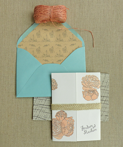 Gloucester, Massachussetts wedding invitation with pink peonies and fisherman toile envelope liner by Shindig Bespoke