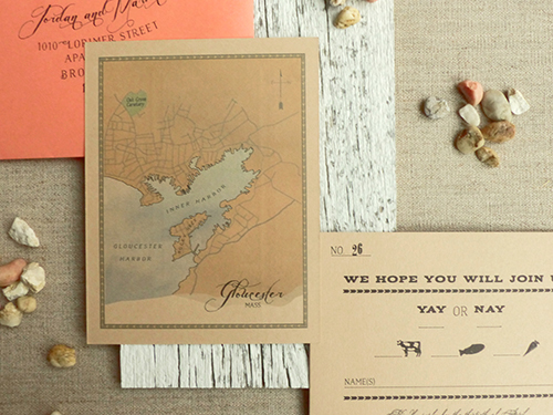 Reply card with custom map for a Gloucester, Mass wedding by Shindig Bespoke