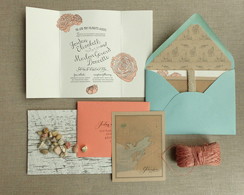 Gloucester, Massachussetts wedding invitation with pink peonies and fisherman toile envelope liner by Shindig Bespoke