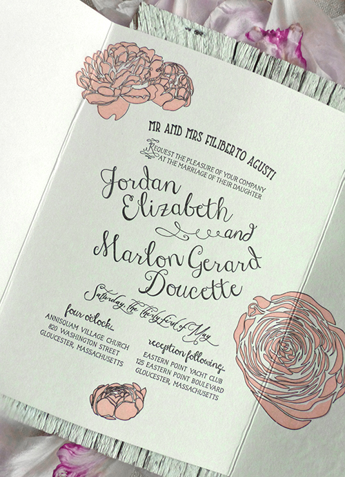 Gloucester, Massachussetts letterpress wedding invitation with pink peoniesby Shindig Bespoke