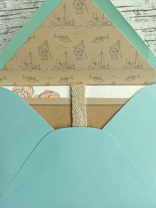 Gloucester, Massachussetts wedding invitation with pink peonies and fisherman toile envelope liner by Shindig Bespoke