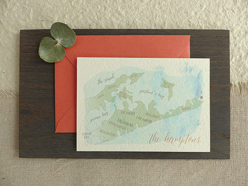 Reply card with with watercolor map for a Hamptons wedding by Shindig Bespoke. 