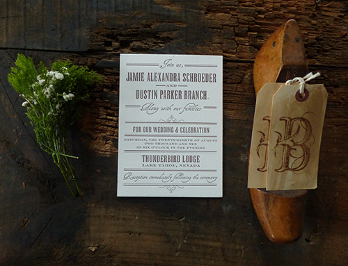 Lake tahoe letterpress wedding invitation by Shindig Bespoke