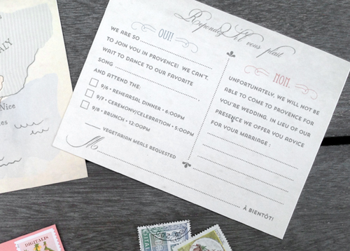 Fill in the blank response card for a wedding in France